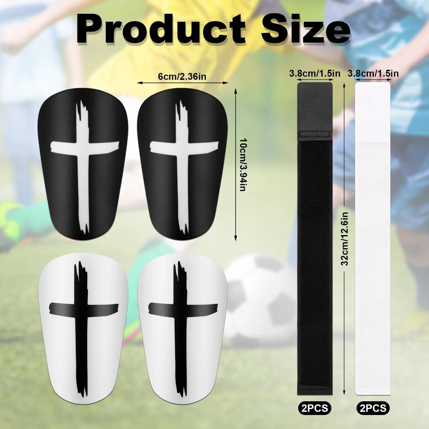 2 Pairs of Black and White Mini Shin Guards with 2 Pairs of Straps - Soccer Protective Gear for Teenagers and Adults