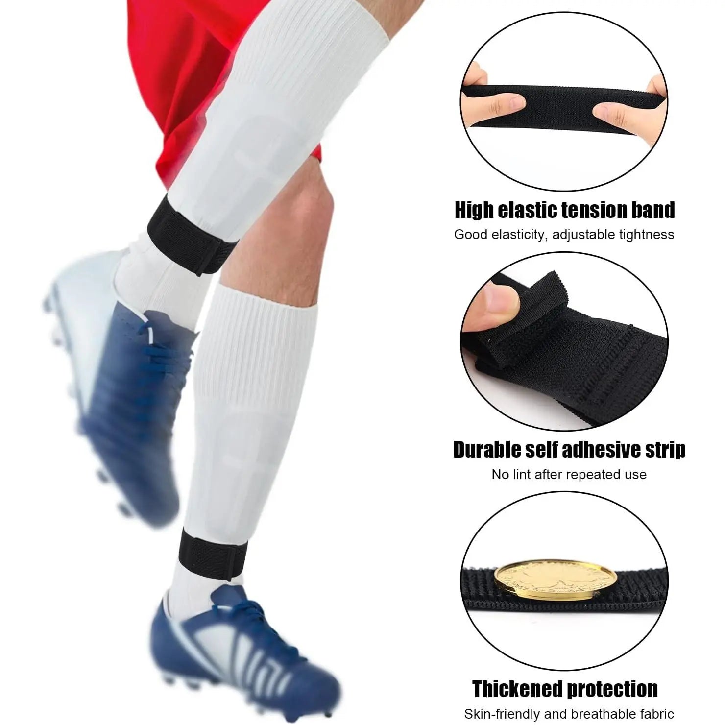 2 Pairs of Black and White Mini Shin Guards with 2 Pairs of Straps - Soccer Protective Gear for Teenagers and Adults