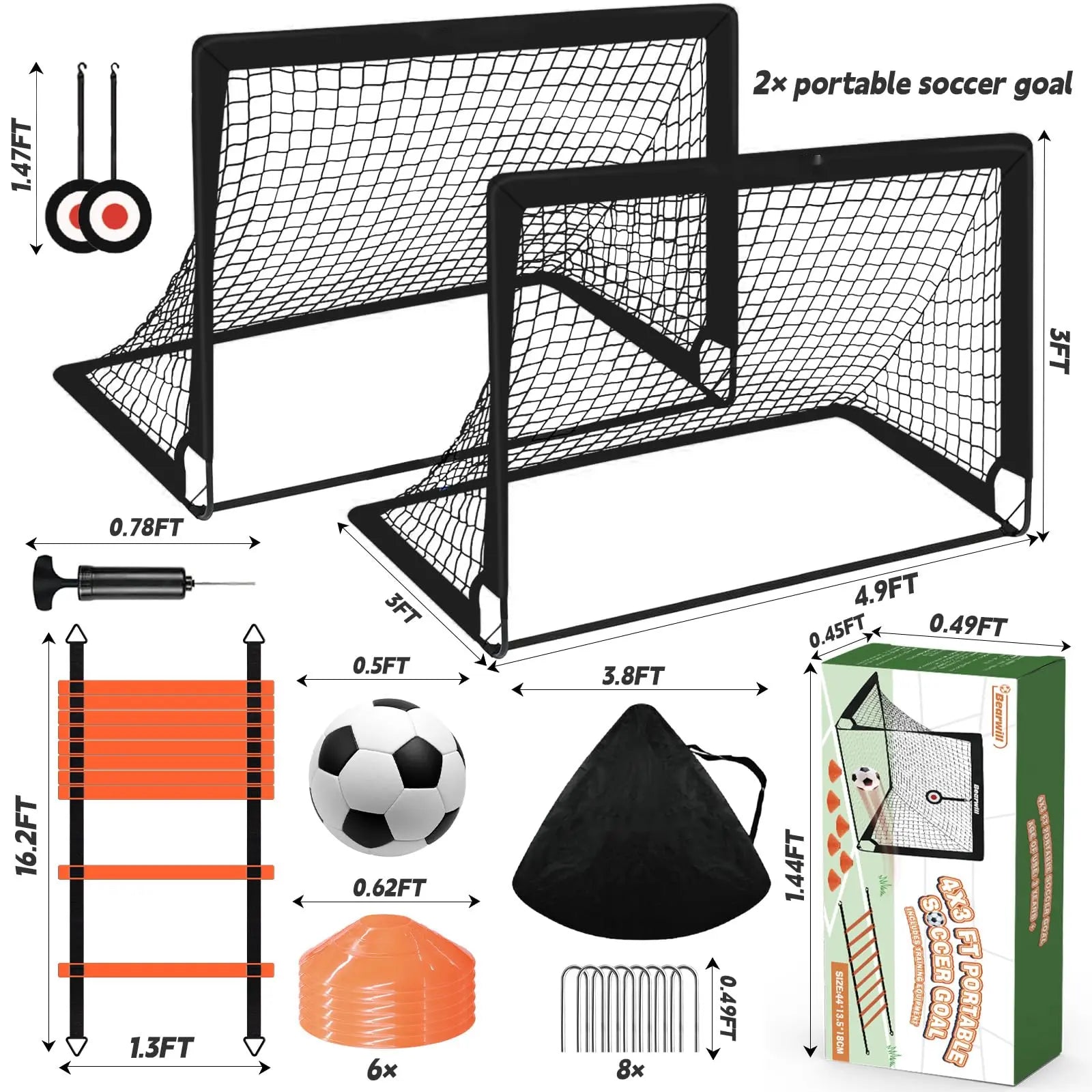 Backyard Soccer Goals Set of 2 - 4x3 Ft Portable Pop-Up Goals for Youth Training, Includes Adjustable Agility Ladder, Soccer Ball, and 6 Cones