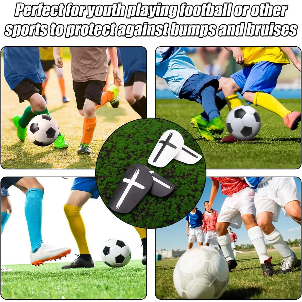 2 Pairs of Black and White Mini Shin Guards with 2 Pairs of Straps - Soccer Protective Gear for Teenagers and Adults