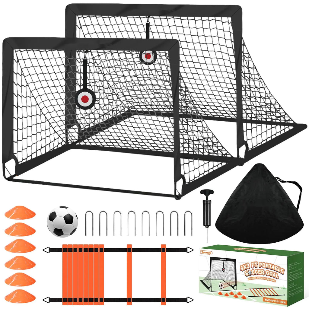 Backyard Soccer Goals Set of 2 - 4x3 Ft Portable Pop-Up Goals for Youth Training, Includes Adjustable Agility Ladder, Soccer Ball, and 6 Cones
