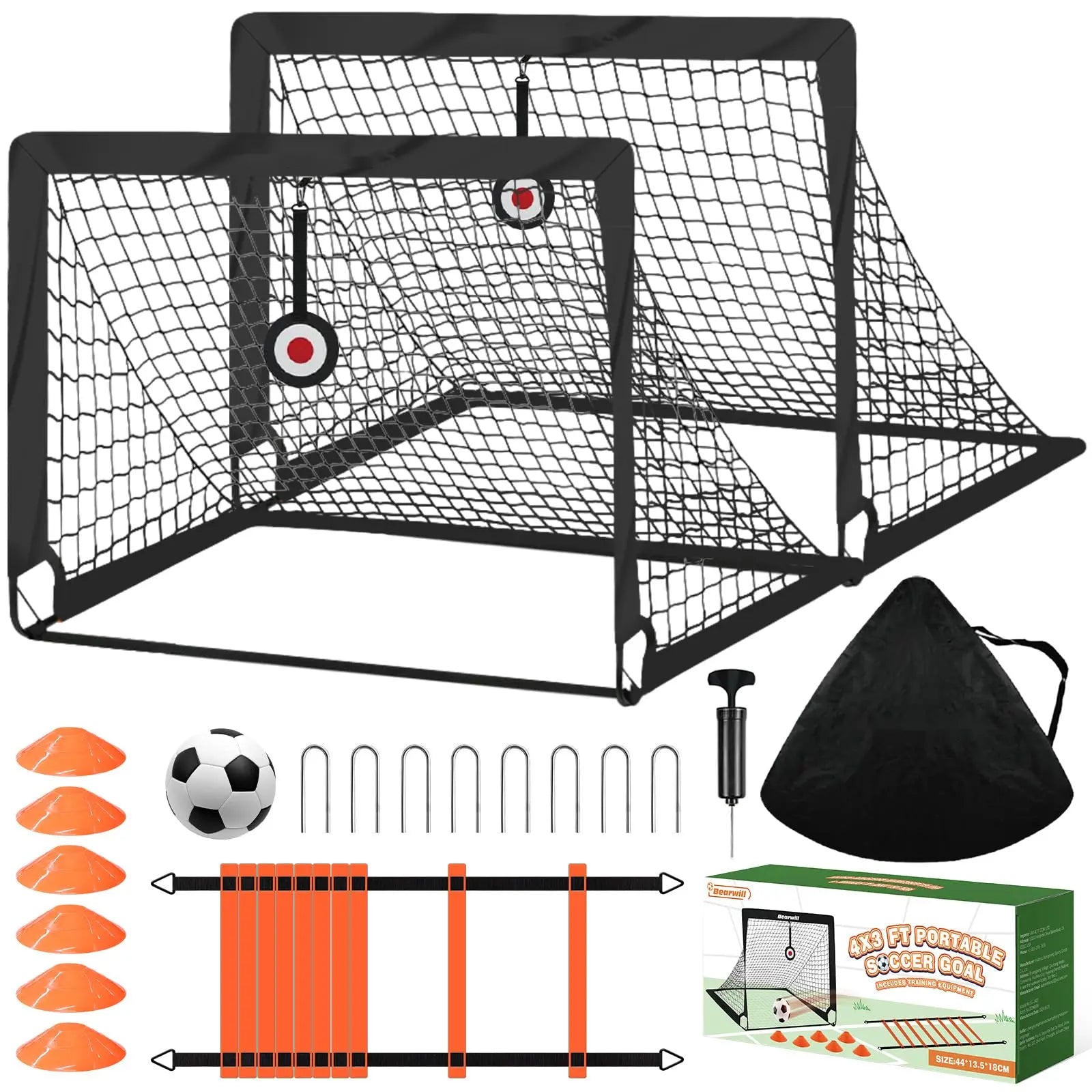 Backyard Soccer Goals Set of 2 - 4x3 Ft Portable Pop-Up Goals for Youth Training, Includes Adjustable Agility Ladder, Soccer Ball, and 6 Cones