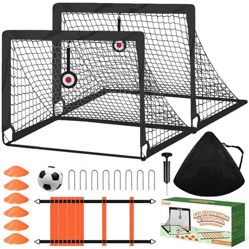 Backyard Soccer Goals Set of 2 - 4x3 Ft Portable Pop-Up Goals for Youth Training, Includes Adjustable Agility Ladder, Soccer Ball, and 6 Cones