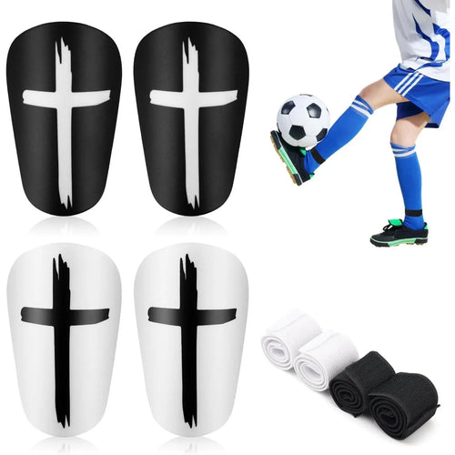 2 Pairs of Black and White Mini Shin Guards with 2 Pairs of Straps - Soccer Protective Gear for Teenagers and Adults