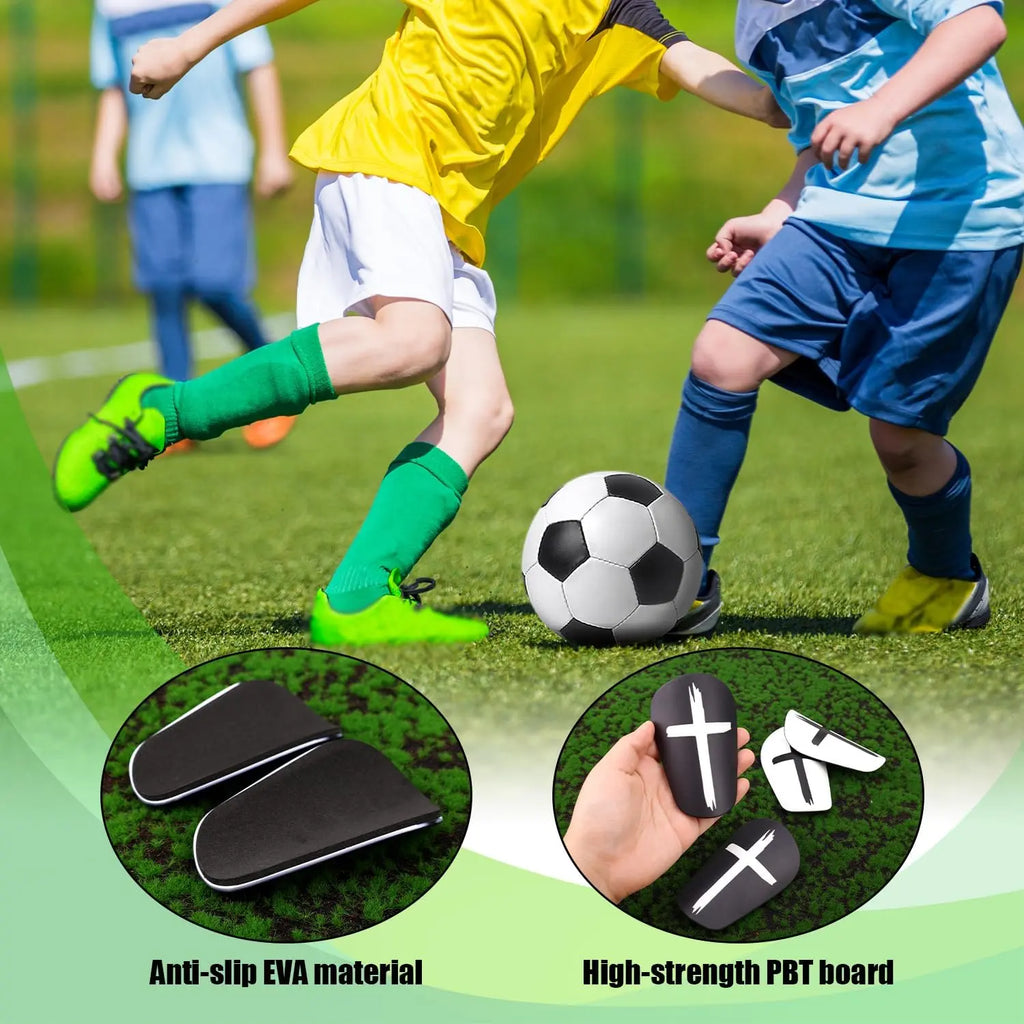2 Pairs of Black and White Mini Shin Guards with 2 Pairs of Straps - Soccer Protective Gear for Teenagers and Adults