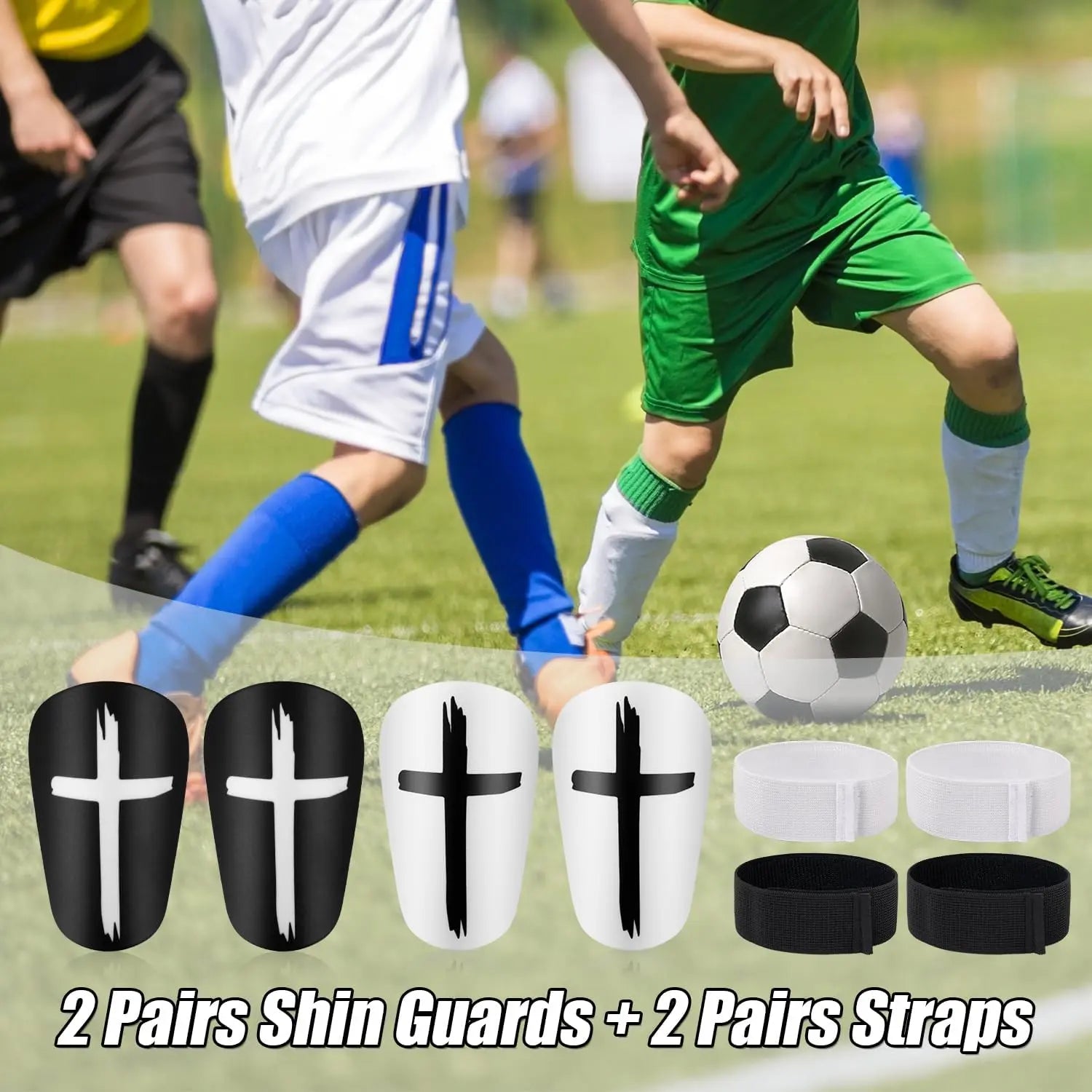 2 Pairs of Black and White Mini Shin Guards with 2 Pairs of Straps - Soccer Protective Gear for Teenagers and Adults